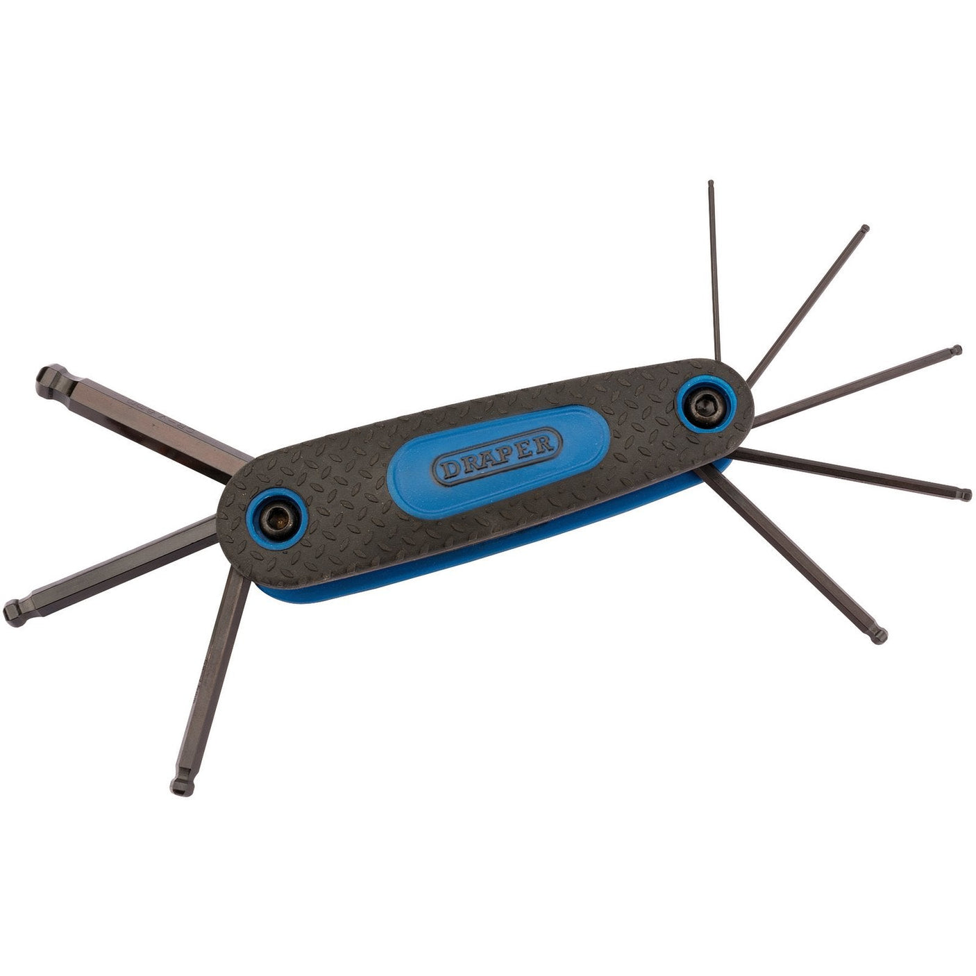 The Draper Ball End Metric Hex Key Set (8 Piece) - KMHK8B-M/B, featuring several hex keys made from chrome vanadium steel, extends from a textured gray and blue handle labeled "DRAPER.