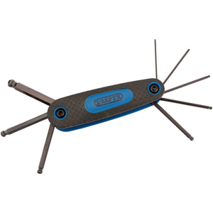 The Draper Ball End Metric Hex Key Set (8 Piece) - KMHK8B-M/B, featuring several hex keys made from chrome vanadium steel, extends from a textured gray and blue handle labeled "DRAPER.