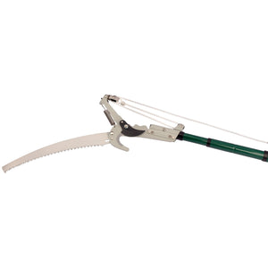 A close-up view of the Draper Tree Pruner With Telescopic Handle, 355mm - G1100, showcasing its curved, rope-operated cutting blade on a telescopic pole designed for high branches. The green pole features metallic components and is branded by Draper.