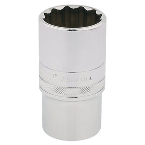 The Draper Hi-Torq® 12 Point Deep Socket, 1/2" Sq. Dr., 32mm - HT-MM/B features a knurled ring grip and is crafted from durable chrome vanadium steel. This 32 mm deep socket is designed for lasting performance and fits a 1/2 inch drive.