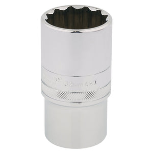 The Draper Hi-Torq® 12 Point Deep Socket, 1/2" Sq. Dr., 32mm - HT-MM/B features a knurled ring grip and is crafted from durable chrome vanadium steel. This 32 mm deep socket is designed for lasting performance and fits a 1/2 inch drive.