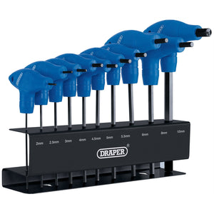 The Draper Metric T-Handle Hex Key Set (10 Piece) - THDH/MM/B features blue-handled wrenches crafted from chrome vanadium steel, organized in a labeled black holder with sizes ranging from 2mm to 10mm. Ideal for your wall mounting stand.