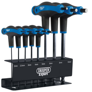 The Draper Expert Soft Grip Metric Hex & Ball End T-Handle Key Set (8 Piece) - THEX/SG/8/B features a range of hex keys in sizes from 2mm to 10mm, all meticulously organized on a sturdy metal stand. Crafted by Draper from durable chrome vanadium steel, this set ensures reliability and longevity for your projects.