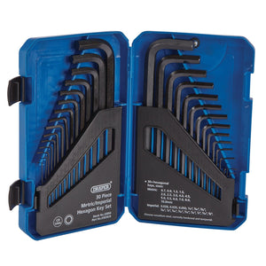 The Draper Metric/Imperial Combined Long Pattern Hexagon Key Set (30 Piece) - KW30/B, made of durable chrome vanadium steel, includes individual slots for each key and is neatly housed in a blue plastic case.