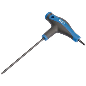 Introducing the Draper Tx-Star® T Handle Key, T15 - TTX/SG/B, which features an ergonomic blue and black grip, constructed with durable CRV steel, and equipped with a long metal shaft for extended reach.