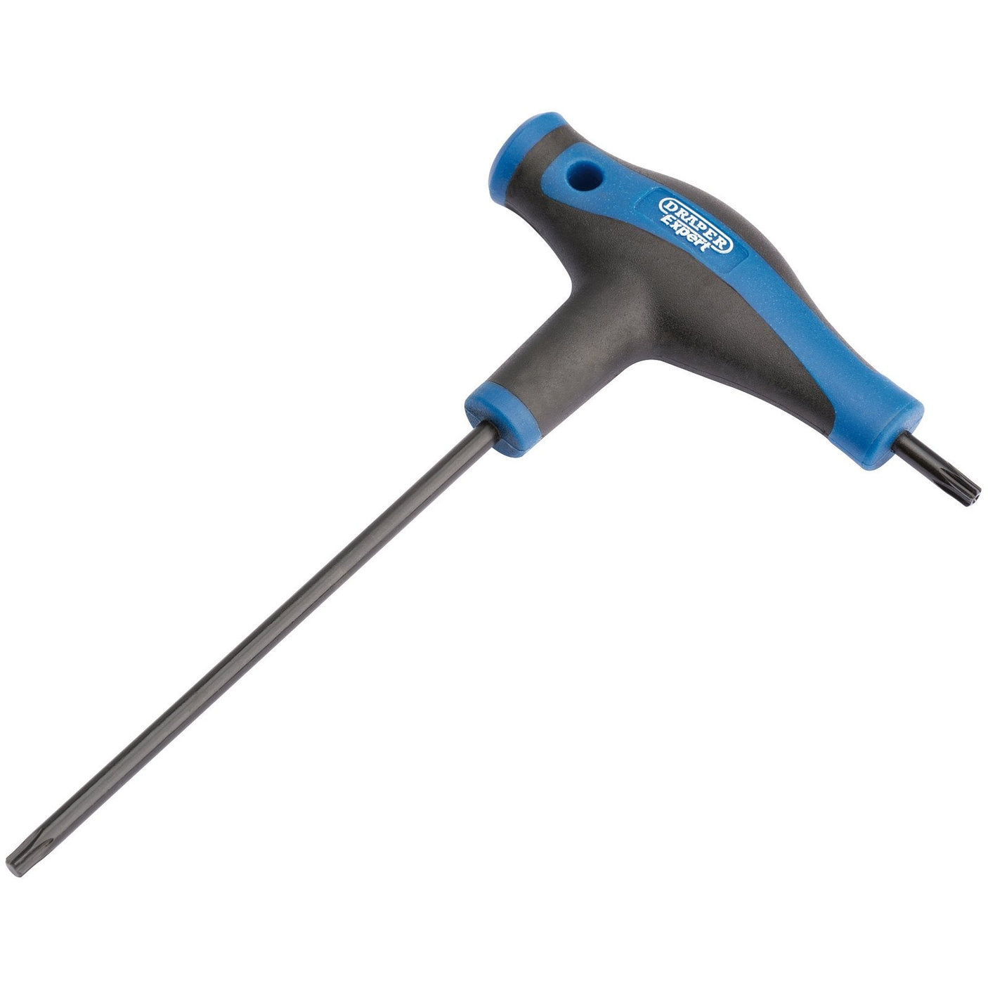 A Draper Tx-Star® T Handle Key, T20 - TTX/SG/B with a blue and black handle and a long, metal shaft made of durable CRV steel.