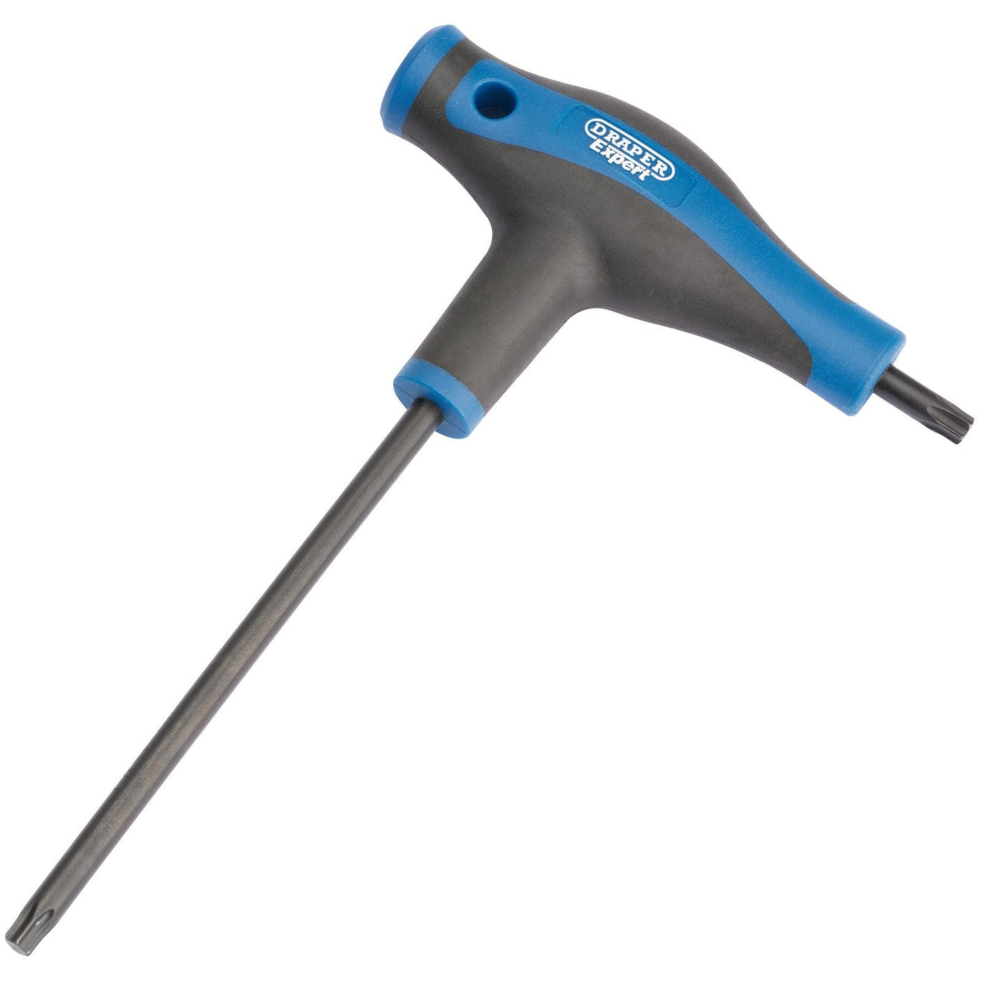 The Draper Tx-Star® T Handle Key, T40 - TTX/SG/B, features a black and blue handle for comfort and a long CRV steel shaft, providing high leverage for demanding tasks.