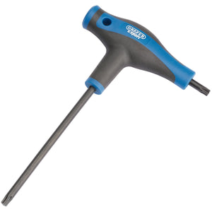 The Draper Tx-Star® T Handle Key, T40 - TTX/SG/B, features a black and blue handle for comfort and a long CRV steel shaft, providing high leverage for demanding tasks.