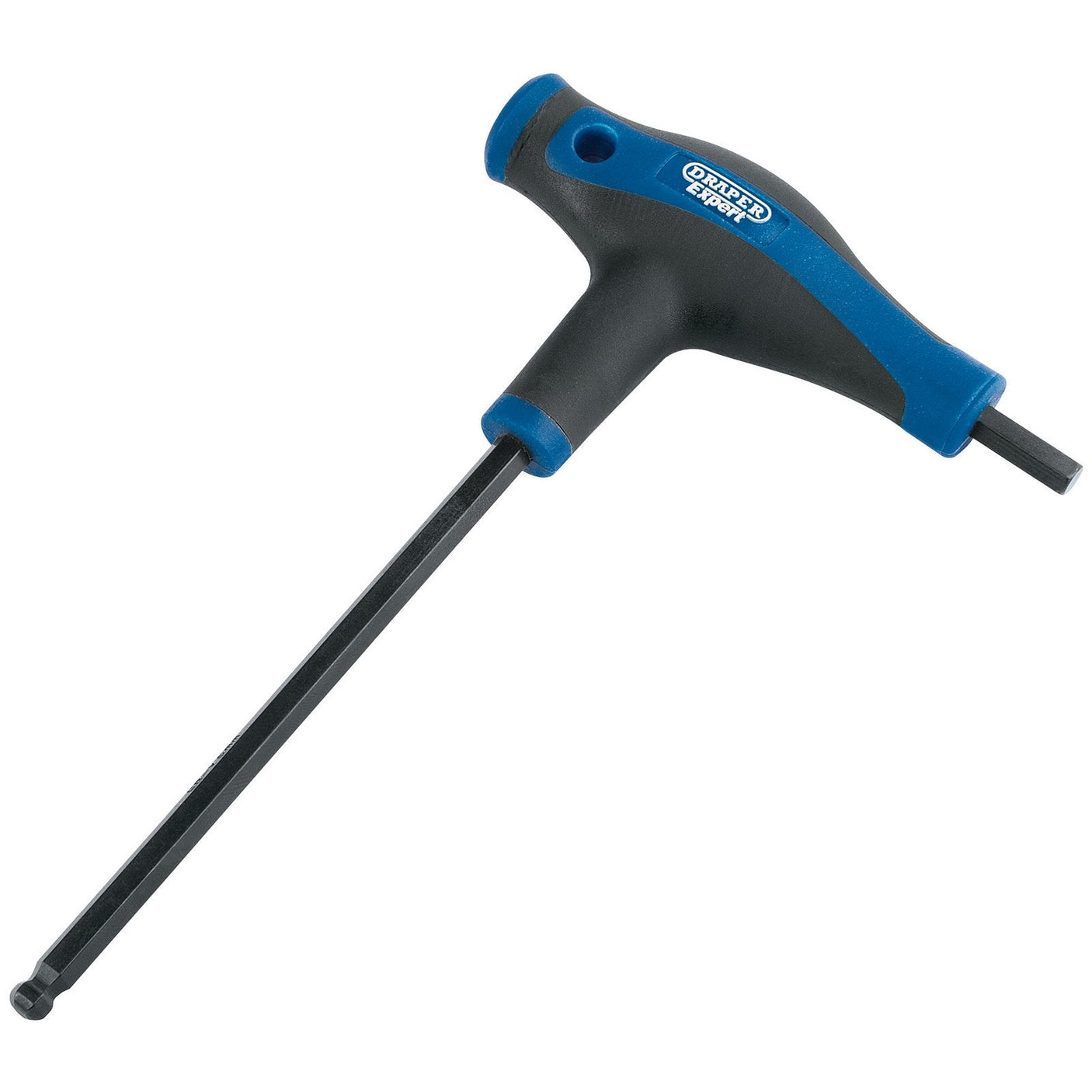 A Draper Soft Grip 'T' Handle Hexagon And Ball End Key, 5.0mm – THEX/SG/B, featuring a blue and black ergonomic soft grip handle and a long black shaft made from durable chrome vanadium steel.