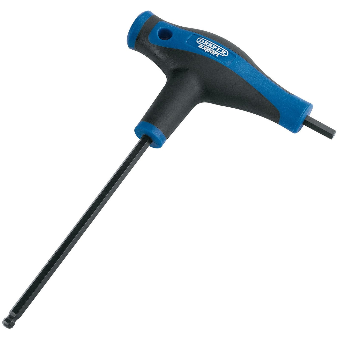 The Draper Soft Grip 'T' Handle Hexagon And Ball End Key, 6.0mm - THEX/SG/B, features a T-handle with a black long shaft and a blue and black ergonomic grip, crafted from durable chrome vanadium steel, designed for tightening or loosening hexagonal bolts.