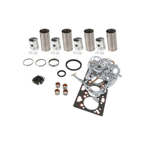 An AGCO Massey Ferguson - A4.248 Engine Overhaul Kit - 3640791Z91, featuring neatly arranged pistons, gaskets, rings, pins, and various other components on a white background. Ideal for A4.248 engines and includes unfinished liners for custom fitting.