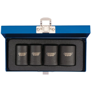 A Draper Locking Wheel Nut Set, 1/2" Sq. Dr. (4 Piece) - LWNS4-B, consisting of four black Draper socket tools crafted from molybdenum steel with sizes ranging from 10 to 13 mm, contained in a blue metal case.