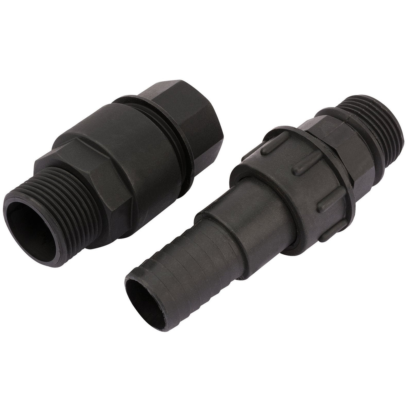 Two black plastic hose connectors, one with a threaded end and the other with a barbed end, designed for attaching hoses securely. This product is the Draper Output Elbow For 31561 - BPOE1 by Draper. For ordering questions or more details, please contact us.