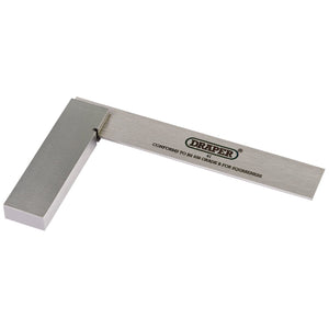 A Draper Engineer's Precision Square, 100mm - 41, featuring a right-angle blade and handle with a polished blade and solid steel stock. Ideal for ensuring squareness in woodworking and metalworking tasks, it meets BS 939 Workshop Grade B standards for precision.