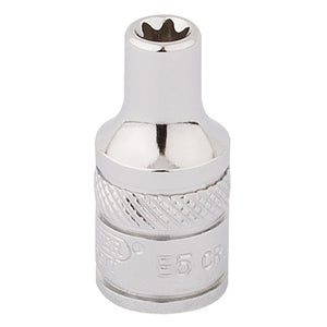 Close-up of the Draper Tx-Star® Socket, 1/4" Sq. Dr., E5 - TS14/B, featuring a shiny silver finish with a textured grip and brand markings, crafted from durable chrome vanadium steel for expert-quality precision in tightening or loosening Torx fasteners.