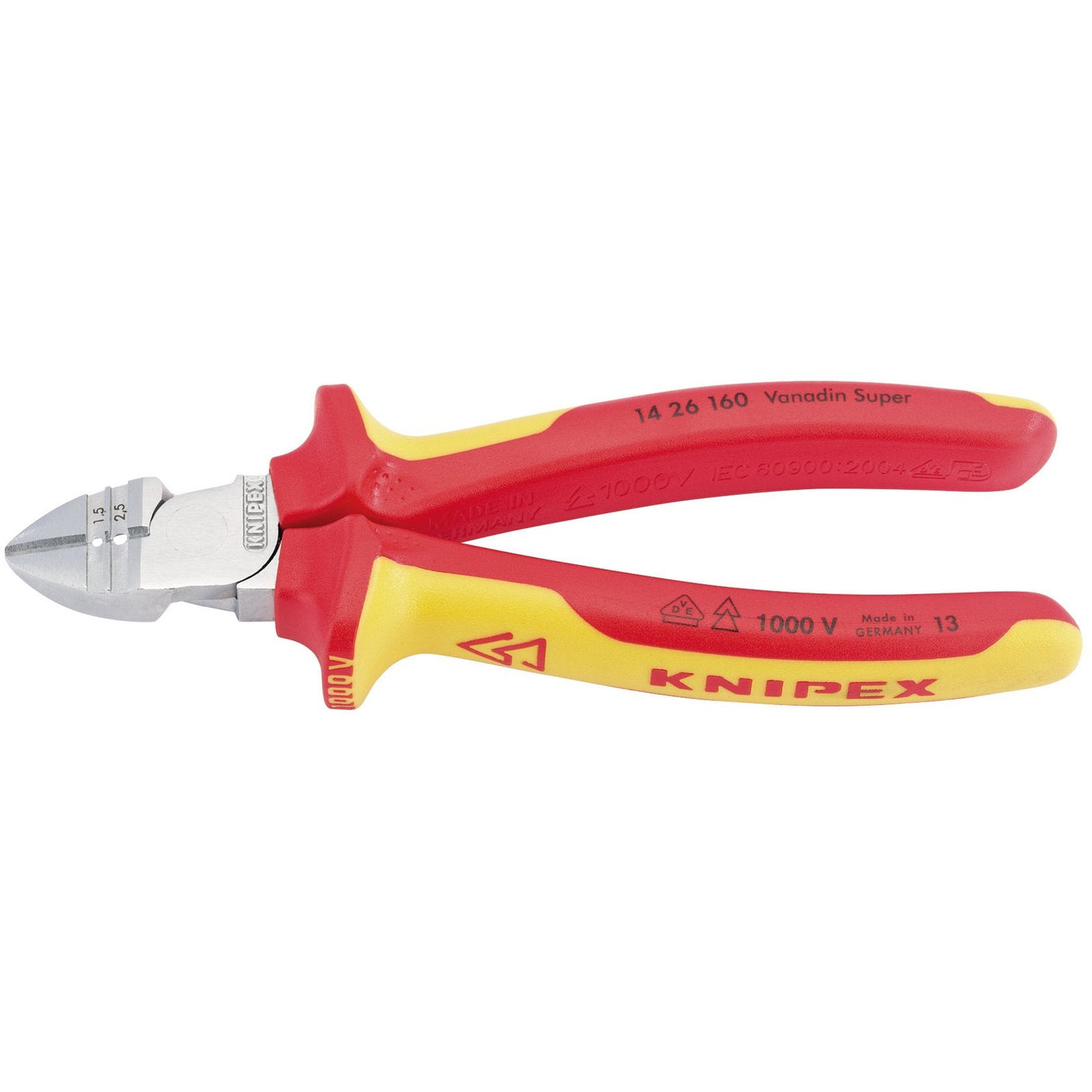 A pair of Draper Knipex 14 26 160Sb Vde fully insulated diagonal wire strippers and cutters with red and yellow handles designed for cutting, ideal for live line working.