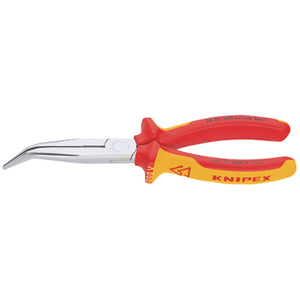 A pair of Draper Knipex 26 26 200Sb Angled Long Nose Pliers, 200mm, with a 45-degree bent tip, crafted from vanadium steel and featuring red and yellow insulated handles.