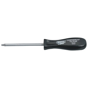 A tamperproof T27 screwdriver with a 100mm shaft from the Draper Tx-Star® Security series, labeled "Draper Expert," featuring a high impact resistant plastic black handle for durability and compatibility with Torx fixing systems. Model: 939TXT.