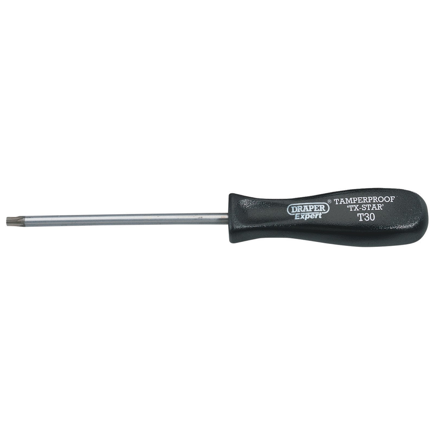 The Draper Tx-Star® Security Screwdriver, T30T X 115mm - 939TXT, features a star-shaped tip designed for Torx fixing systems and tamper-resistant screws. Its black handle is made of high impact resistant plastic and is labeled "Draper Expert.