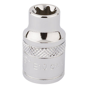A Draper Tx-Star® Socket, 3/8" Sq. Dr., E10 - TS38/B, features a shiny chrome finish and a knurled grip section, crafted from durable chrome vanadium steel with a star-shaped internal socket.