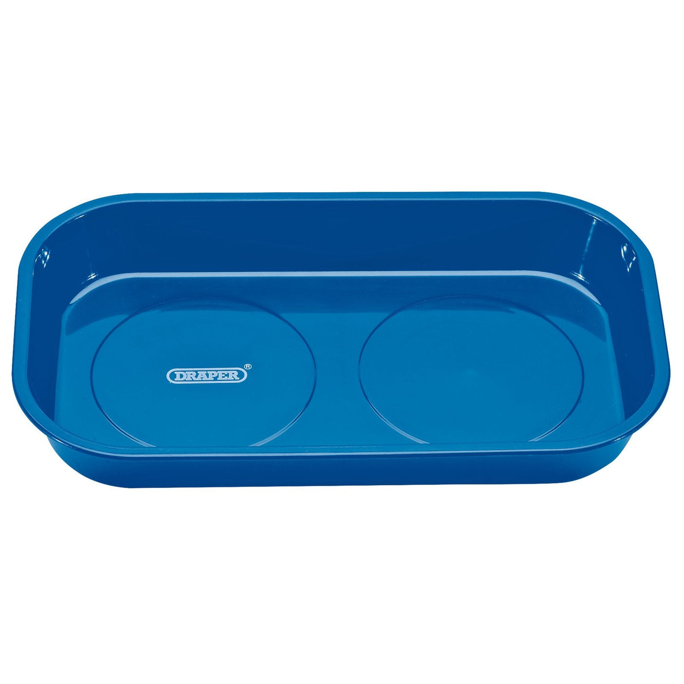 A large rectangular Draper magnetic parts tray in blue metal, with rounded corners, ideal for storing nuts and bolts, featuring the "Draper" brand name printed inside.