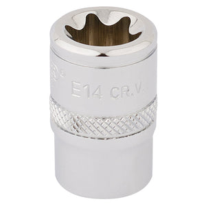 A Draper Tx-Star® Socket, 3/8" Sq. Dr., E14 - TS38/B from Draper, featuring a textured grip and made of durable chrome vanadium steel with a sleek chrome-plated finish.