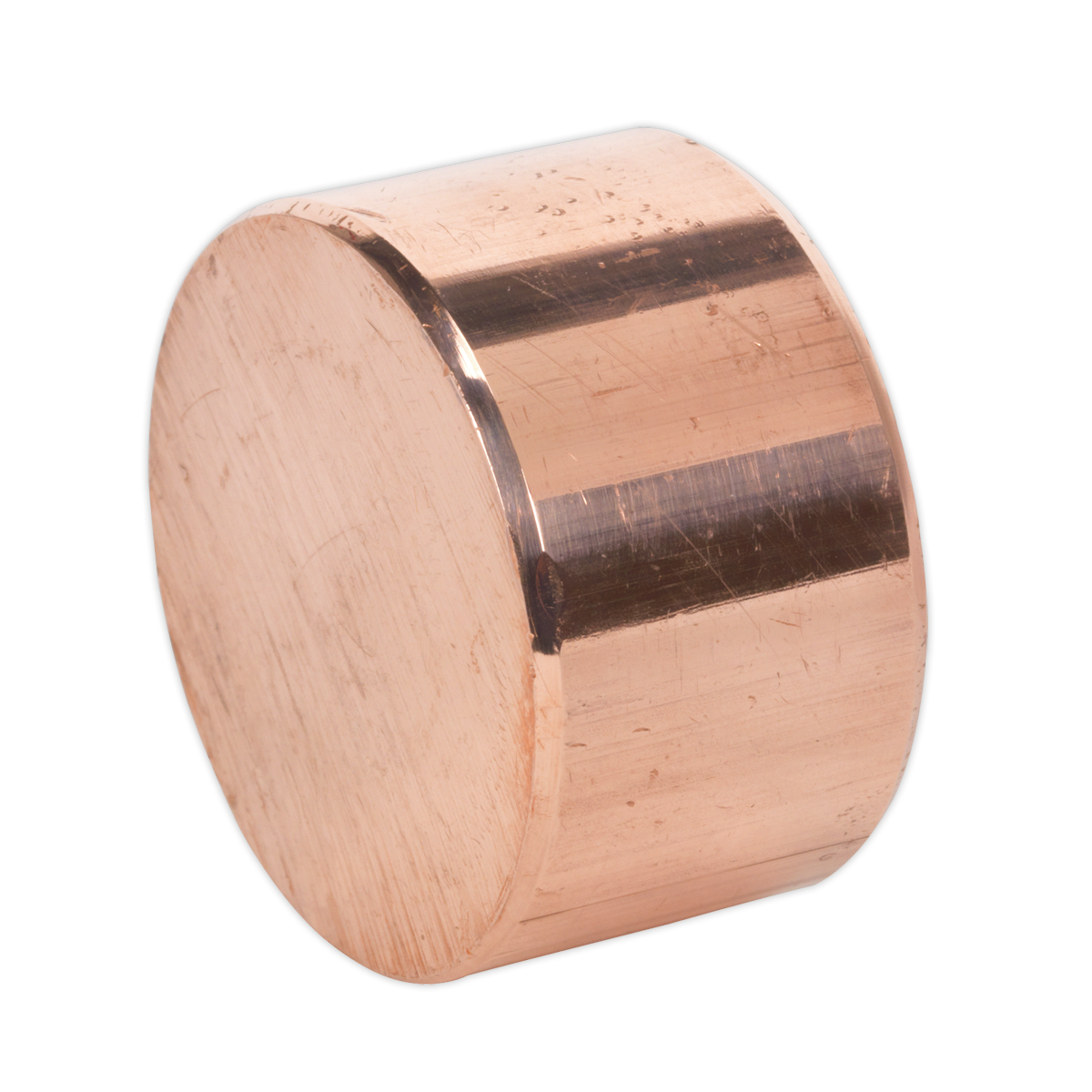 A cylindrical piece of polished copper, posing on its circular face against a white background, reminiscent of the Sealey Copper Hammer Face for CFH04 & CRF35 - 342/314C, ideal for Premier Hand Tools and professional use.