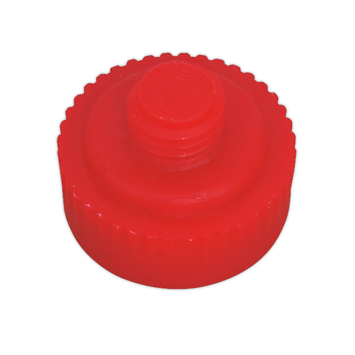 A red, round plastic screw cap with a ridged edge and a raised center section, the Nylon Hammer Face, Medium/Red for NFH15 - 342/712PF by Sealey is ideal for daily professional use.