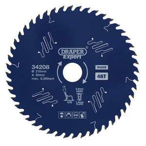 The Draper Expert Tct Circular Saw Blade For Wood With Ptfe Coating, labeled "SBE3," is designed for cutting wood. This blade features 48 teeth, a diameter of 210mm, a bore size of 30mm, and a kerf of 2.0mm. It operates at a maximum speed of 6,300 rpm.