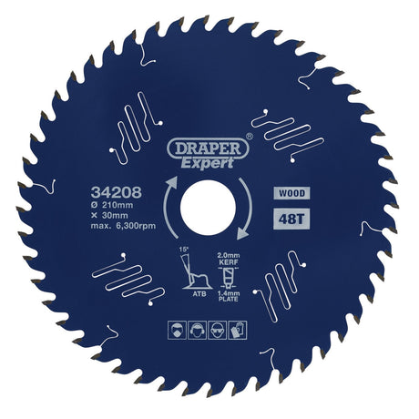 Draper Expert Tct Circular Saw Blade For Wood With Ptfe Coating, 210 X 30mm, 48T - SBE3 - Farming Parts