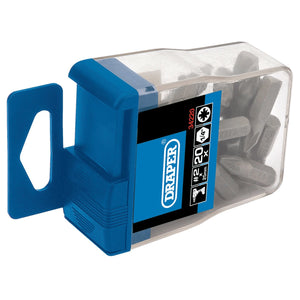 A clear plastic storage case with a blue lid, labeled "Draper," contains multiple gray S2 steel insert bits designed for a hex screw. The transparent container prominently displays the No.2 x 1/4" Draper Pz Type Insert Bits (Pack of 20) inside.