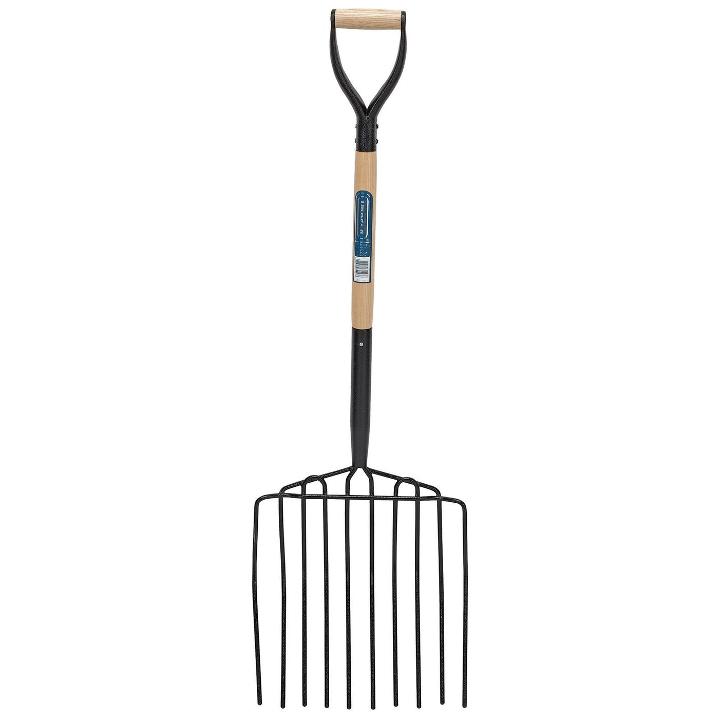 The Draper 10 Prong Potato Fork With Wood Shaft And Myd Handle - 10PPF features a black forged head, wooden handle, and D-shaped grip. It includes a label near the grip and measures 365mm in width and 420mm in length.