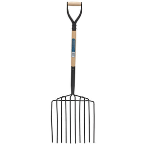 The Draper 10 Prong Potato Fork With Wood Shaft And Myd Handle - 10PPF features a black forged head, wooden handle, and D-shaped grip. It includes a label near the grip and measures 365mm in width and 420mm in length.