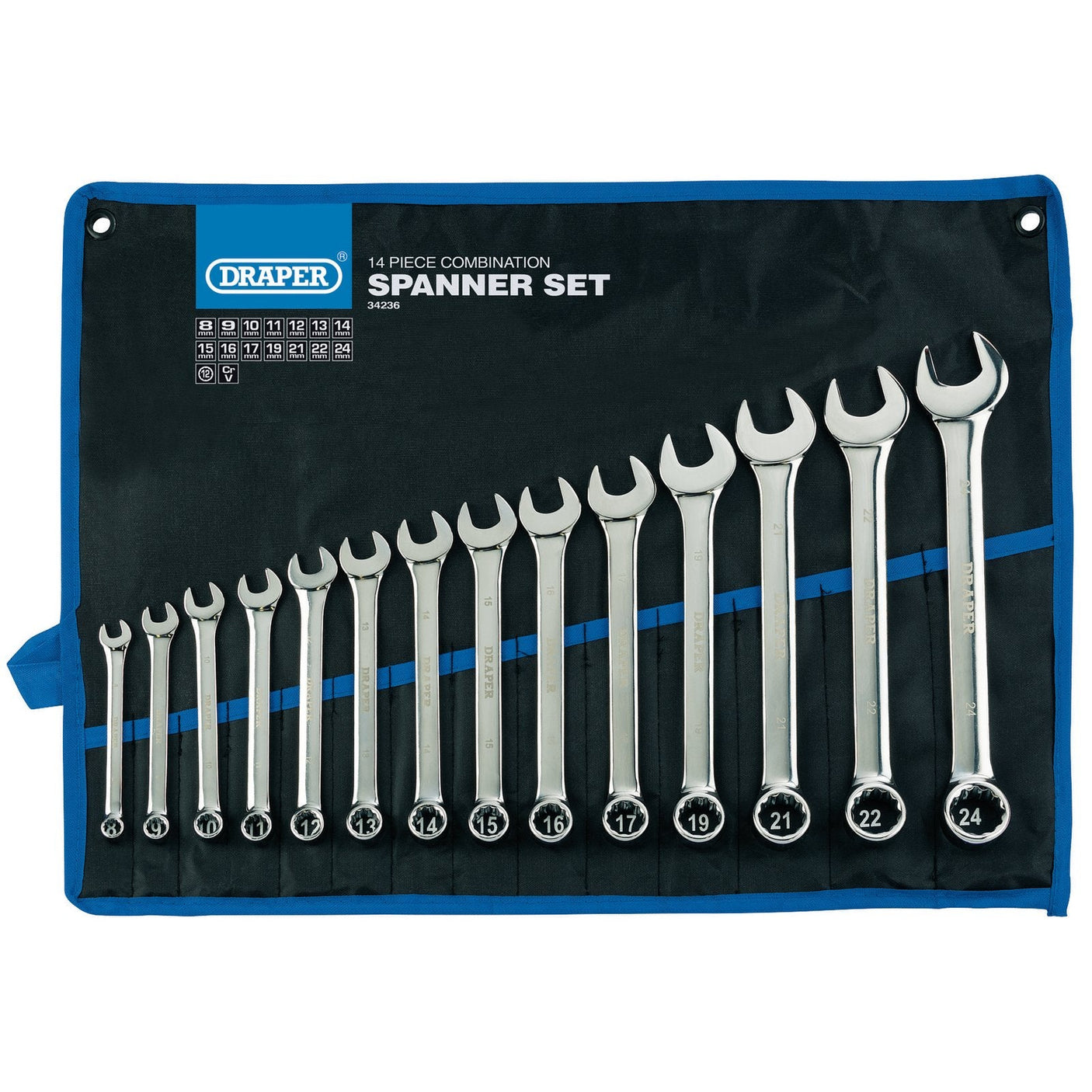 The Draper Hi-Torq® Metric Combination Spanner Set (14 Piece) - 8233/14/MM features 14 spanners made from chrome vanadium steel, organized by size from 8mm to 24mm in a blue and black tool roll. Each spanner meets DIN3113 specifications, ensuring guaranteed quality and performance.