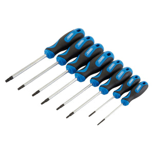 The Draper Tx-Star® And Draper Tx-Star® Security Soft Grip Screwdriver Set (8 Piece) - 865TXT/8 includes seven screwdrivers with black and blue handles, featuring Chrome vanadium steel construction, all arranged in ascending order.