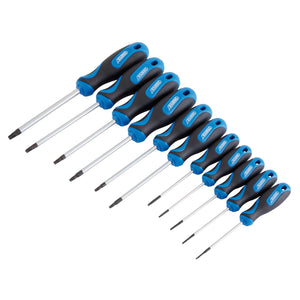 The Draper Tx-Star® and Draper Tx-Star® Security Soft Grip Screwdriver Set (11 Piece) - 865TXT/11 includes a set of eleven screwdrivers in black and blue, each with varying sizes of Torx tips. These tools feature soft grip handles for added comfort and are crafted from chrome vanadium steel, ensuring durability and precision for any task.