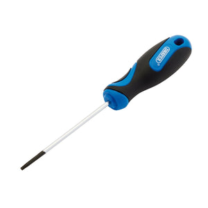 The Draper Tx-Star® Soft Grip Screwdriver, T9 - 865TX features a black and blue soft grip handle and a metallic shaft constructed from Chrome vanadium steel, ideal for precision work.