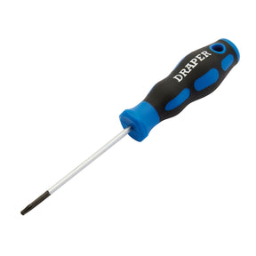 A Draper Tx-Star® Soft Grip Security Screwdriver, T10 - 865TXT features a blue and black soft grip handle and a flat metal blade tip, crafted from durable chrome vanadium steel.