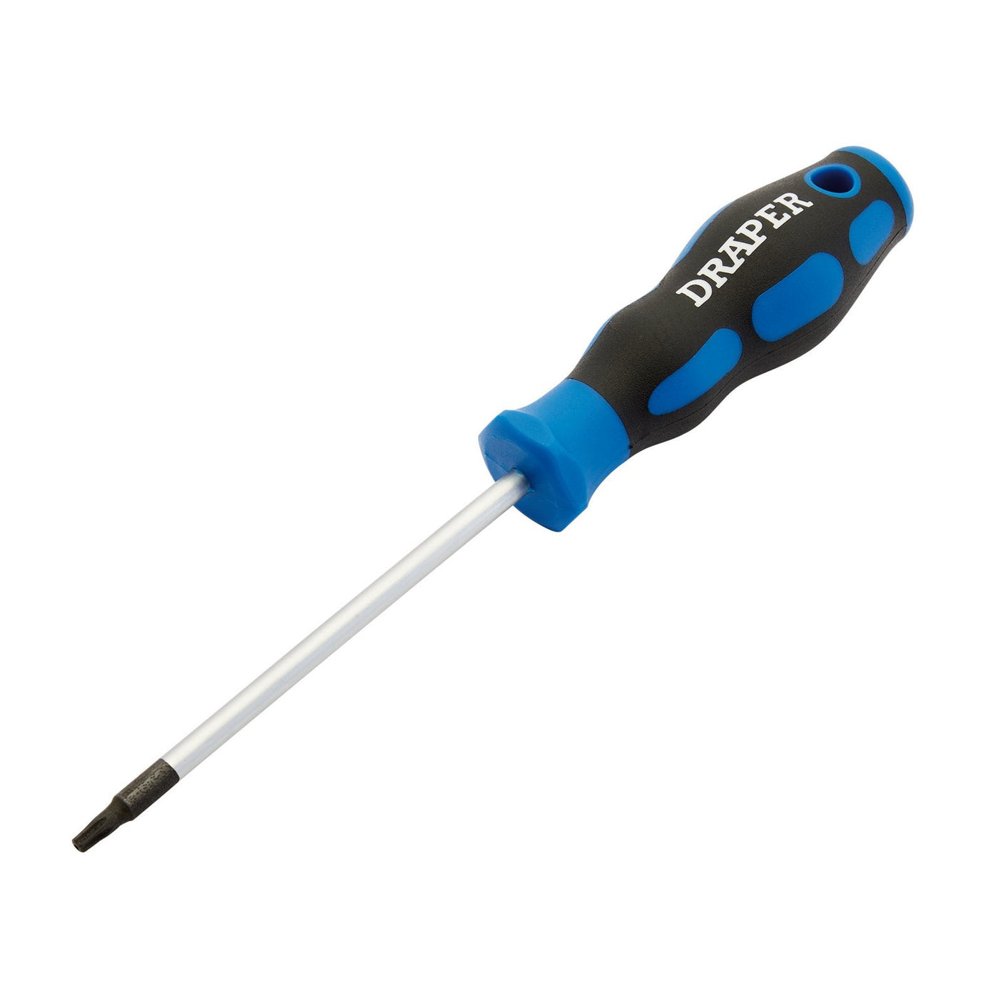 A Draper Tx-Star® Soft Grip Security Screwdriver, T15 - 865TXT, featuring a black and blue ergonomic soft grip handle and a metal shaft made from chrome vanadium steel, with the brand "Draper" printed on the handle.