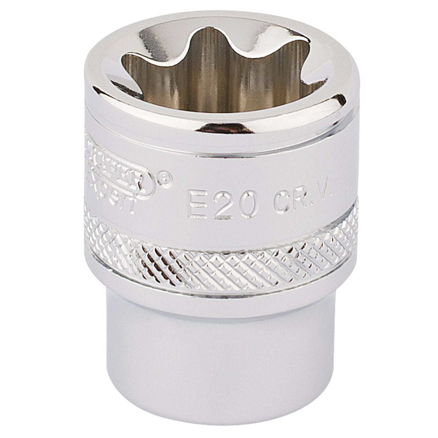 A Draper Tx-Star® Socket, 3/8" Sq. Dr., E20 - TS38/B, featuring a chrome-plated finish, an ergonomic knurled grip section, six internal notches for fastening or loosening bolts, and crafted from durable chrome vanadium steel.