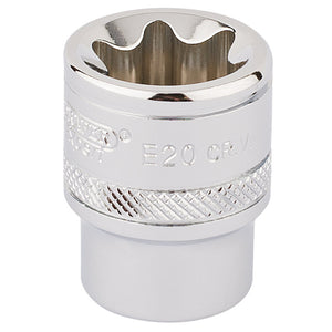 A Draper Tx-Star® Socket, 3/8" Sq. Dr., E20 - TS38/B, featuring a chrome-plated finish, an ergonomic knurled grip section, six internal notches for fastening or loosening bolts, and crafted from durable chrome vanadium steel.