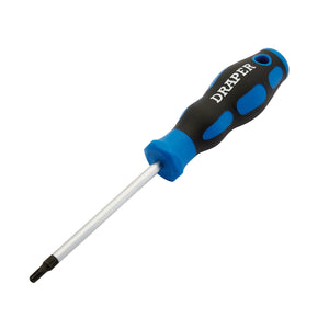 The Draper Tx-Star® Soft Grip Security Screwdriver, T25 - 865TXT features a blue and black soft grip handle with the word "Draper" printed on it and is made from durable Chrome vanadium steel.