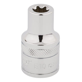 A Draper Tx-Star® Socket, 1/2" Sq. Dr., E10 - TS12/B, with a polished finish, crafted from durable chrome vanadium steel and designed for use with a ratchet or socket driver.