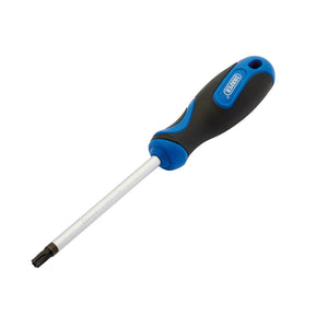 Introducing the Draper Tx-Star® Soft Grip Security Screwdriver, T40 - 865TXT by Draper: a blue and black tool equipped with a soft grip handle and featuring a Torx tip on a chrome vanadium steel shaft.