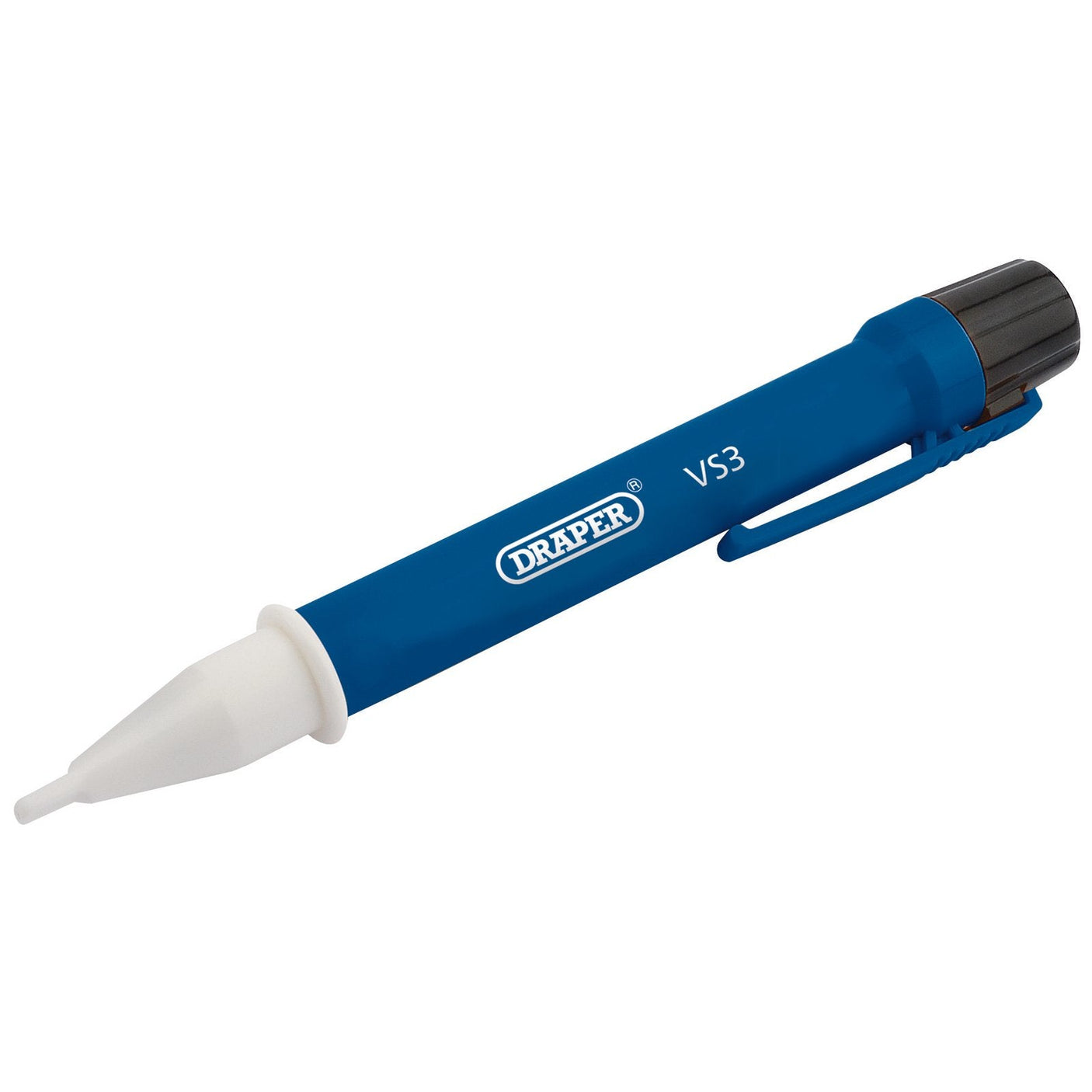 The Draper Cat III 600V Non-Contact Voltage Tester - VS3, featuring a blue and white design with a black clip and cap, is ideal for safe voltage detection on live wires.