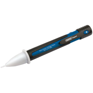 The Draper Expert 1000V Cat III Non Contact Voltage Tester - VS4, prominently labeled "Expert" and "Draper," features a black and blue body with a pointed white tip for identifying live wires and an on/off button conveniently located near the tip.