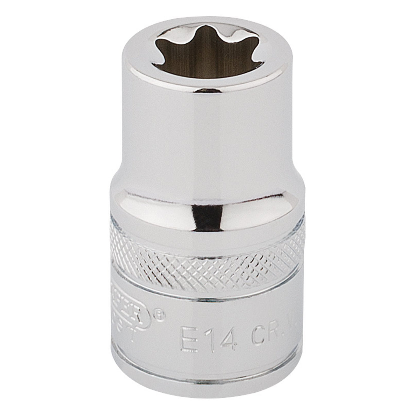 The Draper Tx-Star® Socket, 1/2" Sq. Dr., E14 - TS12/B, is a chrome-plated E14 Torx socket with a knurled grip, made from durable chrome vanadium steel. It is designed for tightening and loosening E14 star-shaped fasteners and is ideal for precision work in Torx fixing systems.