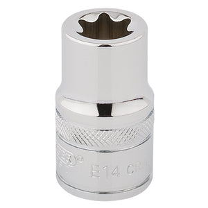 The Draper Tx-Star® Socket, 1/2" Sq. Dr., E14 - TS12/B, is a chrome-plated E14 Torx socket with a knurled grip, made from durable chrome vanadium steel. It is designed for tightening and loosening E14 star-shaped fasteners and is ideal for precision work in Torx fixing systems.