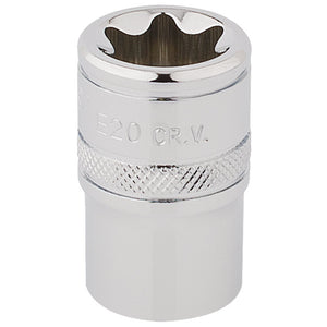 The Draper Tx-Star® Socket, 1/2" Sq. Dr., E20 - TS12/B, made of chrome vanadium steel and featuring a knurled band for improved grip, is designed for use with a ratchet wrench and is perfect for Torx fixing systems.