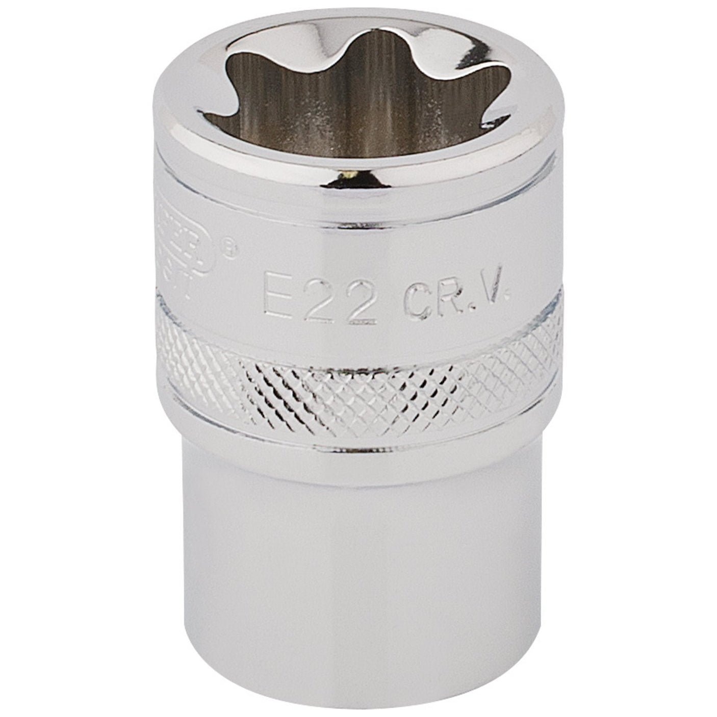 A Draper Tx-Star® Socket, 1/2" Sq. Dr., E22 - TS12/B with a chrome-plated finish and knurled grip, crafted from durable chrome vanadium steel.